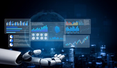 A robotic hand showcases an advanced data and analytics dashboard featuring various graphs and charts against a futuristic urban backdrop, symbolizing innovation. Gantry