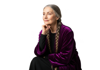 Elegant elderly woman with braided hair wearing a luxurious purple velvet robe and black shirt isolated on transparent background