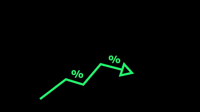 Interest rate increase concept. Businessman use a Neon up arrow with percentage symbols and upward arrows, symbolizing rising interest rates. financial growth, dividend yield,