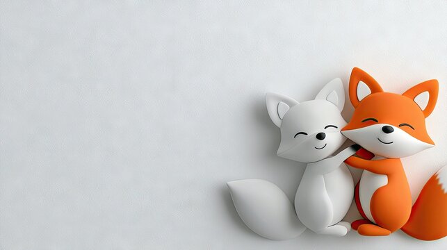 Two cartoon fox characters hugging each other on a white background. They appear happy and friendly.