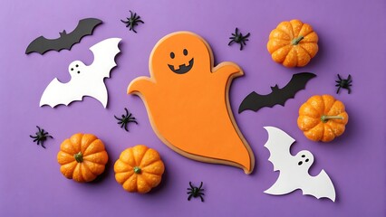 Fototapeta premium Festive halloween flat lay with orange ghost cookie mini pumpkins and paper bats on purple background