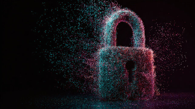 An abstract padlock made of particles, representing security and protection in the digital age. This visual conveys the concept of safeguarding sensitive information