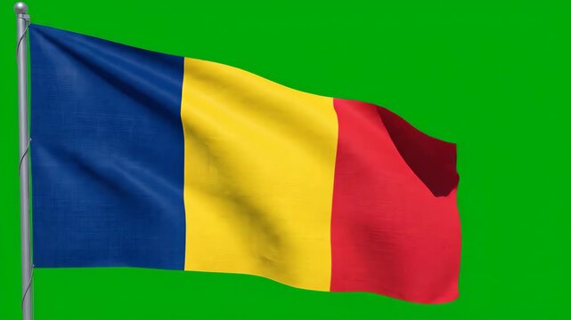 Waving Flag of Romania on Green Screen Background A Patriotic Symbol of National Pride and Independence Perfect for Chroma Keying and Video Production.