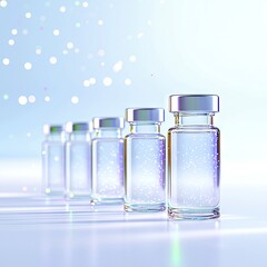A row of vaccine vials with a bokeh effect, suggesting a medical or scientific concept. The image is brightly lit, creating a clean and clinical atmosphere.