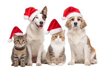 Cute group of cats and dogs wearing red Santa hats, sitting together and looking at the camera. Festive Christmas pets isolated on a clean white background. Perfect for holiday cards, winter promotion