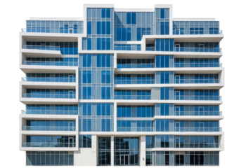 Modern residential building with blue glass windows offers sophisticated urban living and investment potential