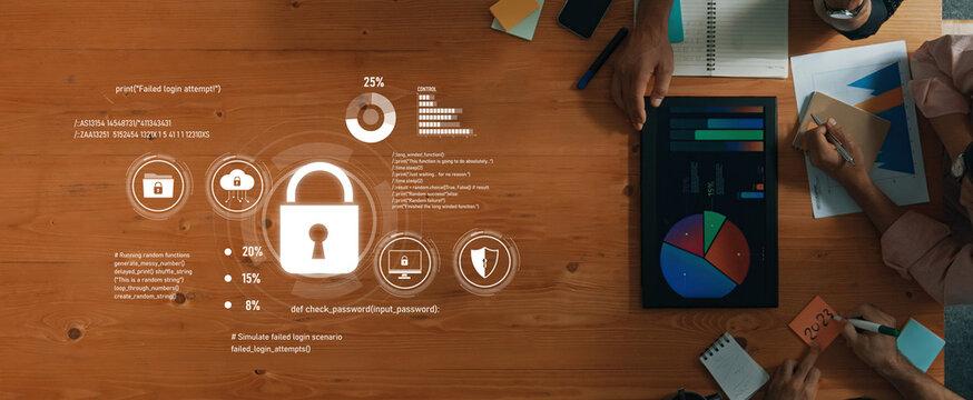 A contemporary office scene showcasing a data security analysis with charts and visuals, emphasizing teamwork and digital strategies in a vibrant workspace. Trope - Powered by Adobe