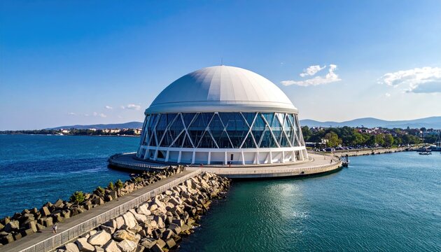 Modern White Dome Building on a Stone Pier Overlooking a Blue Ocean Under a Clear Sky with Distant Cityscape
