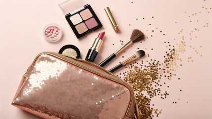 Sparkling rose gold sequin makeup bag spilling out cosmetics and gold confetti on pink background