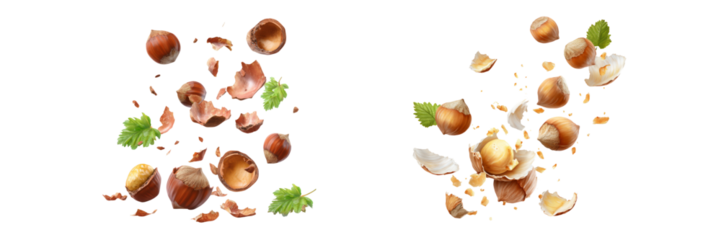 Explosive hazelnut shells kitchen counter high-resolution image transparent background macro view