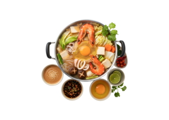 Sukiyaki and Shabu (Thai Suki) are Asian dishes served in broth. They feature a mix of seafood including prawns, squid slices, eggs, vermicelli, and vegetables.