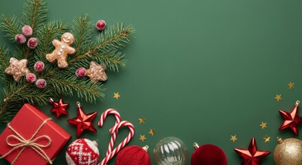 Merry Christmas and Happy Holidays greeting card, frame, banner. New Year. Red Christmas ornaments and gifts, presents on green background top view. Xmas holiday festive theme. Christmas decoration