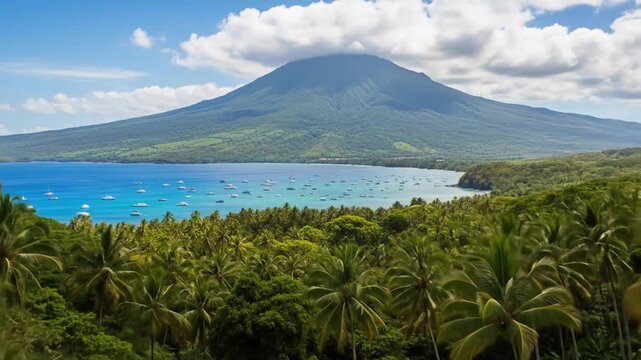 Tropical Island Paradise, Lush Green Forest, Turquoise Sea and Boats, with Volcano Mountain