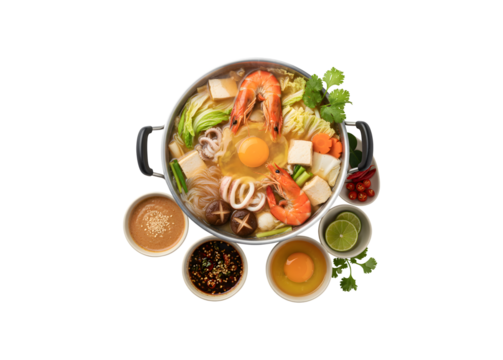 Sukiyaki and Shabu (Thai Suki) are Asian dishes served in broth. They feature a mix of seafood including prawns, squid slices, eggs, vermicelli, and vegetables.