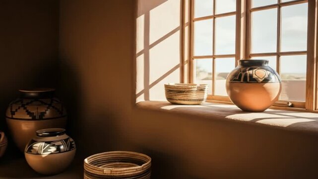 traditional clay pottery and woven baskets arranged in sunlit room with adobe walls. rustic interior with wooden stool and geometric shadows. southwest culture and artisanal craft concept.