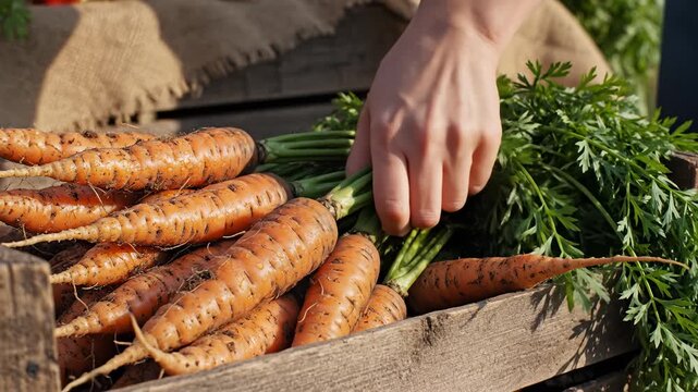Hand Arranging Freshly Harvested Carrots With Green Tops in Wooden Crate