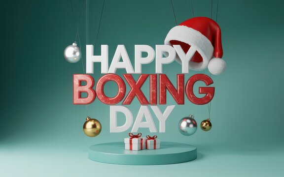 Happy boxing day greeting with santa hat and ornaments on teal background