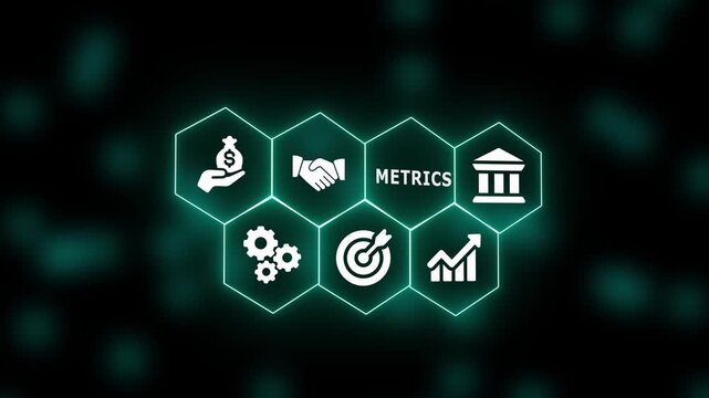 A digital hexagon interface displaying metric-based icons symbolizing measurement systems, analytical indicators, performance tracking, and quantifiable metrics frameworks.
