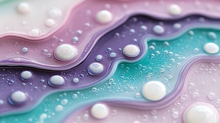Close-up of a colorful, abstract liquid surface with bubbles, featuring a gradient of pastel colors. The image has a soft, dreamy aesthetic.