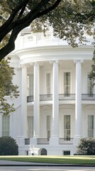 Exterior view of the White House in Washington D.C., showcasing its architecture, columns, and surrounding trees, captured during daylight.