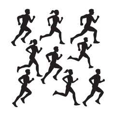 Running men and women, set vector silhouette