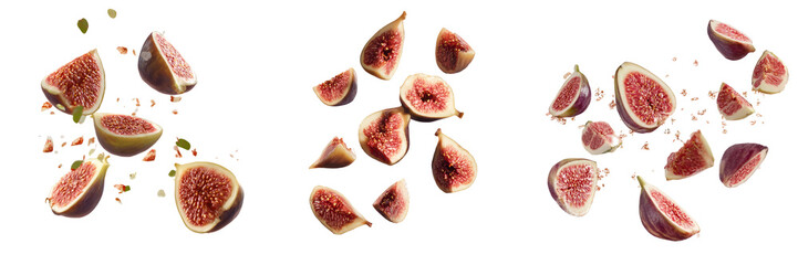 Fresh fig slices in motion transparent background culinary photography vibrant colors
