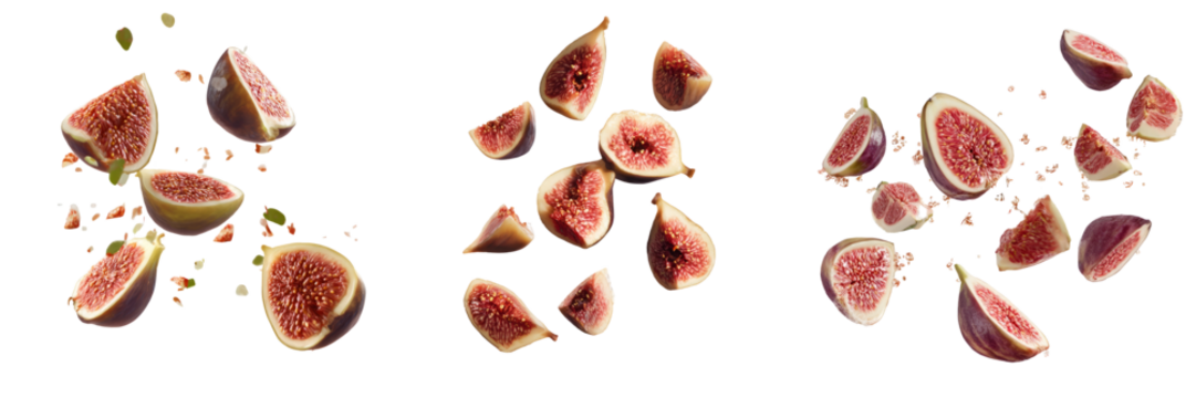 Fresh fig slices in motion transparent background culinary photography vibrant colors