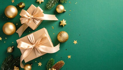 Elegant golden Christmas gifts and festive ornaments arranged on a dark green background.