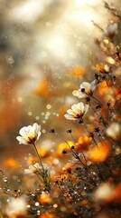 Close-up of wildflowers in a field, with a bokeh effect and sunlight creating a warm, dreamy atmosphere.
