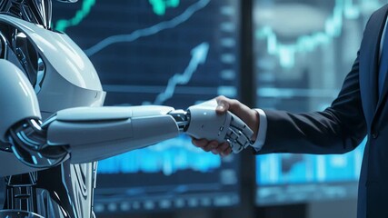 Metallic robotic manipulator analyzing financial data in realtime - Powered by Adobe