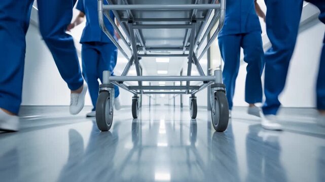 Medical team rushing hospital stretcher through hallway in emergency urgency situation.