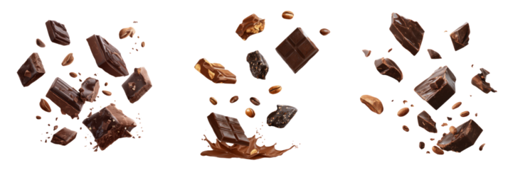 Chocolate explosion in motion studio setting image with transparent background and details