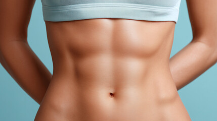 Smooth stomach area with even skin tone defined abs healthy female body fitness concept close up soft lighting athletic toned wellness blue background confident mood