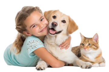A cheerful girl playing with her pets — a friendly dog and a cute cat — all posing together and looking directly at the camera. The trio creates a warm, joyful, and affectionate scene, perfectly isola