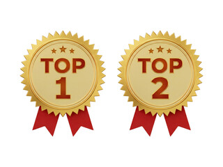 Naklejka premium Top one and top two golden 3D badge with red ribbon illustration