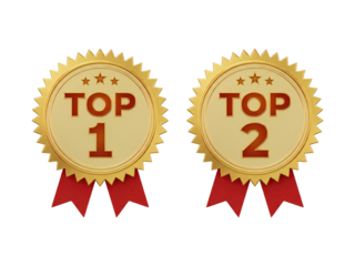 Top one and top two golden 3D badge with red ribbon illustration