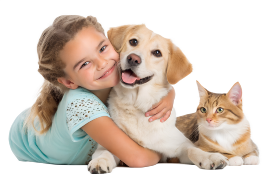 A cheerful girl playing with her pets — a friendly dog and a cute cat — all posing together and looking directly at the camera. The trio creates a warm, joyful, and affectionate scene, perfectly isola