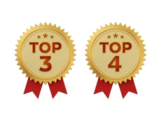 Top three and top four 3d golden badge with red ribbon illustration
