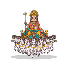 Fototapeta premium Illustrative depiction of Surya, the Hindu sun god riding chariot pulled by horses, radiant and vibrant for festive designs and cultural projects