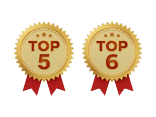 Top five and top six golden 3d badge with red ribbon illustration