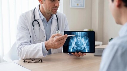 Doctor explaining hip X-ray on digital tablet to a patient during medical consultation in clinic office. - Powered by Adobe