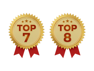 Top seven and top eight golden 3d badge with red ribbon illustration