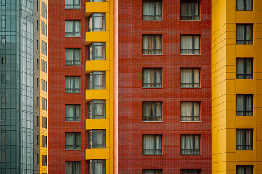 Modern residential building facade with colorful yellow and red brick patterned walls and windows - Powered by Adobe