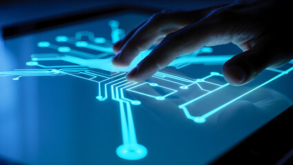 Close up of a person s hand interacting with a glowing blue digital circuit board interface on a futuristic touchscreen display