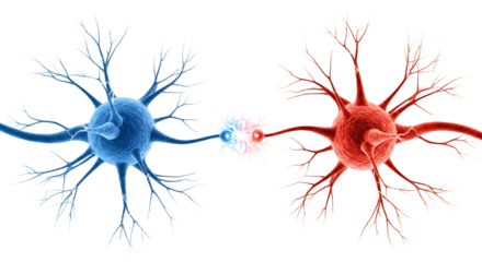Two interconnected neurons one blue and one red with glowing synapse, cutout, PNG isolated on white or transparent background