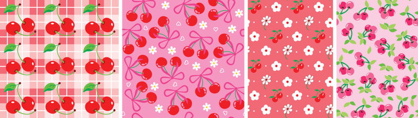 Cute cherry seamless pattern set of four vector design for T-shirt, wrapping paper, digital printing, wallpaper, rotary print.