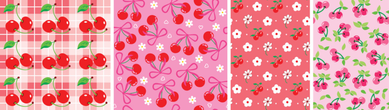 Cute cherry seamless pattern set of four vector design for T-shirt, wrapping paper, digital printing, wallpaper, rotary print.