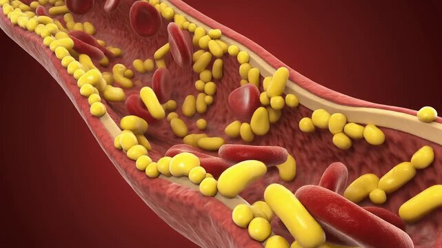 blood flows through yellowish cholesterol plaques begin forming along the artery walls