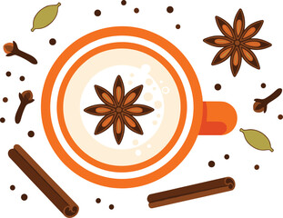 Flat Vector Collection of Essential Tea Time Elements Including Leaves, Teapot, Cup, and Tea Bags