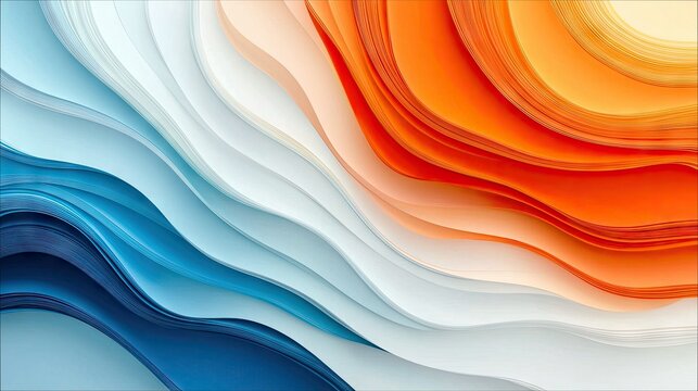 An abstract composition featuring layered, colorful waves with gradient and texture. The image showcases a blend of blue, white, and orange hues.